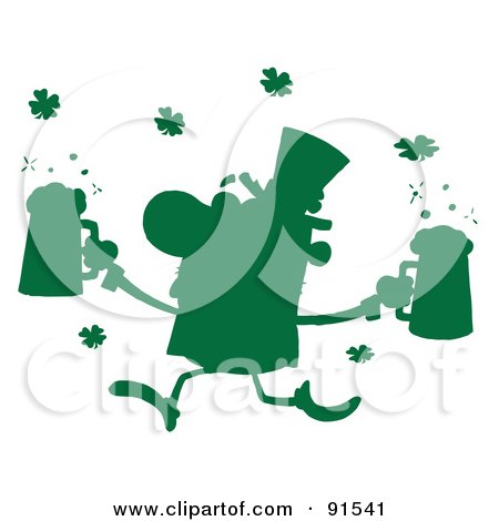 Royalty-Free (RF) Clipart Illustration of a Green Silhouetted Male Leprechaun Running With Beers by Hit Toon
