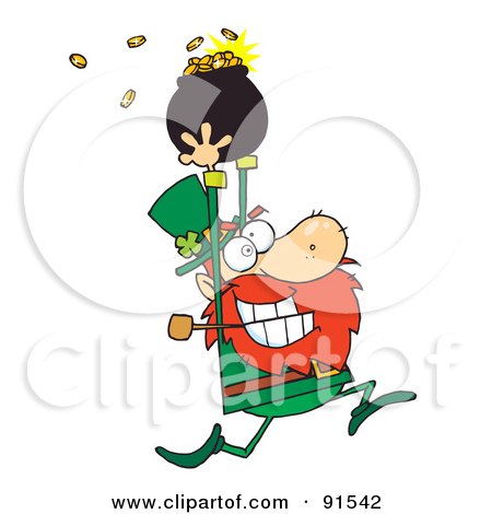 Royalty-Free (RF) Clipart Illustration of a Greedy Leprechaun Running With A Pot Of Gold Over His Head by Hit Toon