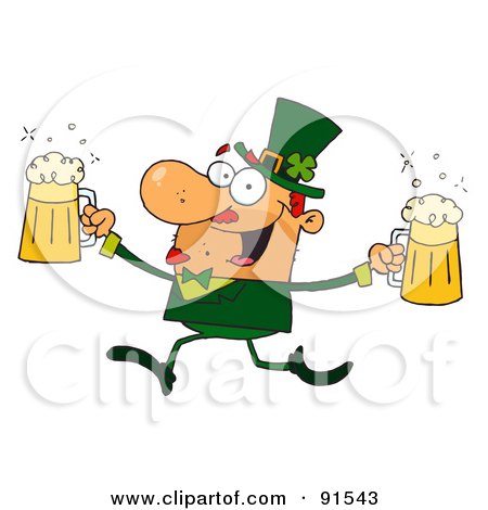 Royalty-Free (RF) Clipart Illustration of a Male Leprechaun Running With Beers by Hit Toon