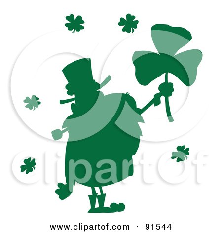Royalty-Free (RF) Clipart Illustration of a Silhouetted Green Male Leprechaun Holding Up A Clover by Hit Toon