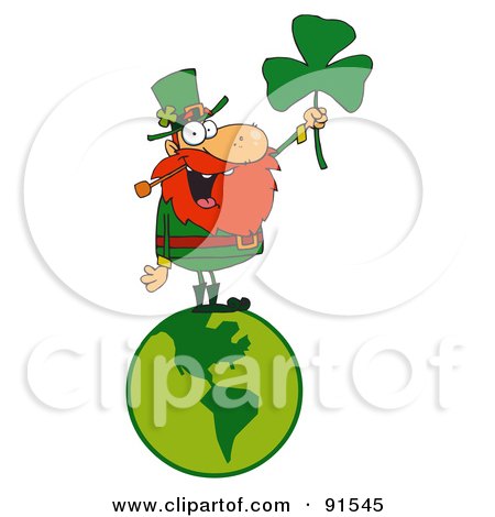 Royalty-Free (RF) Clipart Illustration of a Male Leprechaun Standing On A Globe And Holding Up A Clover by Hit Toon