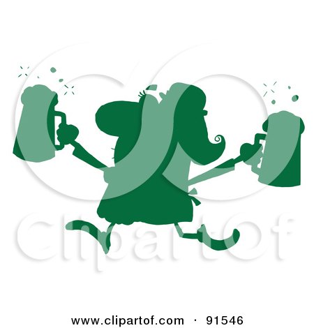 Royalty-Free (RF) Clipart Illustration of a Green Silhouetted Female Leprechaun Running With Beers by Hit Toon