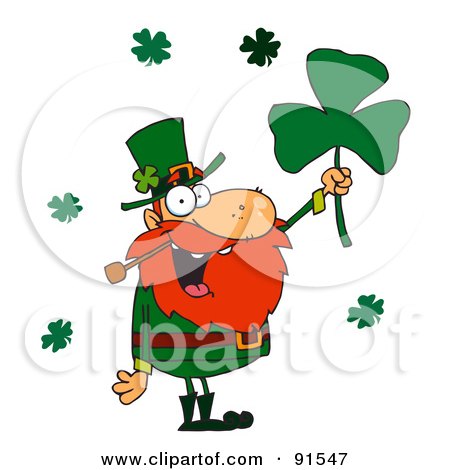 Royalty-Free (RF) Clipart Illustration of a Male Leprechaun Holding Up A Clover by Hit Toon