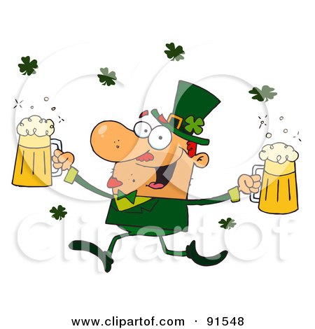 Royalty-Free (RF) Clipart Illustration of a Male Leprechaun Running Through Clovers With Beers by Hit Toon