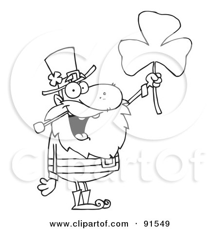 Royalty-Free (RF) Clipart Illustration of an Outlined Male Leprechaun Holding Up A Clover by Hit Toon