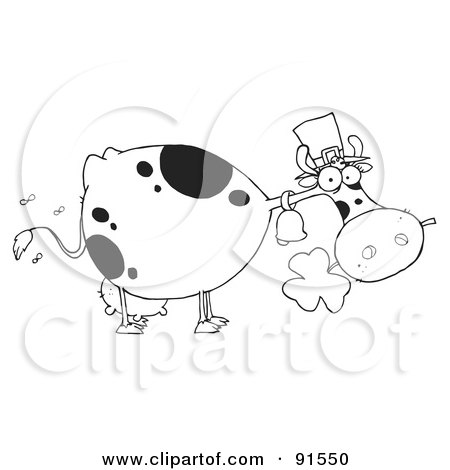 Royalty-Free (RF) Clipart Illustration of an Outlined St Patricks Day Cow Wearing A Hat And Chewing On A Clover by Hit Toon