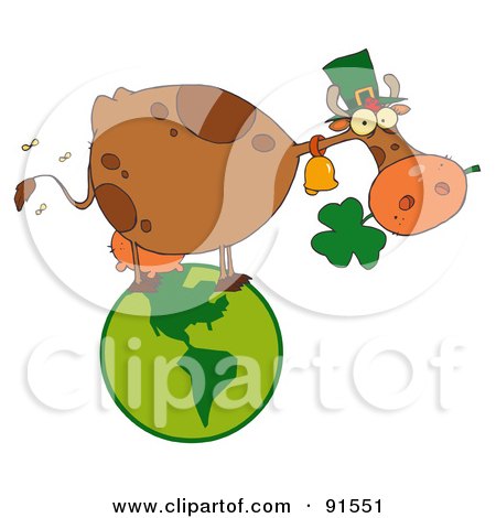Royalty-Free (RF) Clipart Illustration of a St Patricks Day Cow Standing On A Globe And Chewing On A Clover by Hit Toon