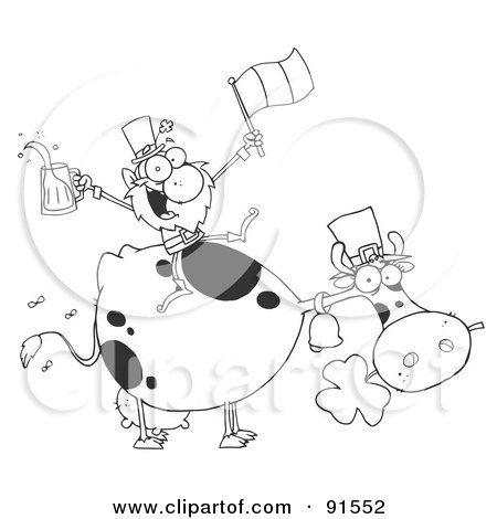 Royalty-Free (RF) Clipart Illustration of an Outlined Leprechaun Holding Up A Flag And Beer And Sitting On A Cow by Hit Toon