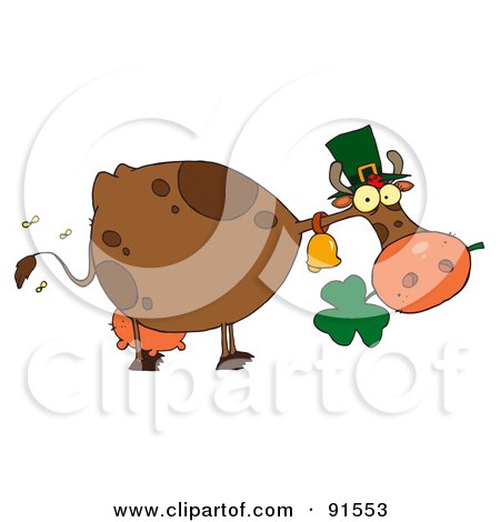 Royalty-Free (RF) Clipart Illustration of a St Patricks Day Cow Wearing A Hat And Chewing On A Clover by Hit Toon