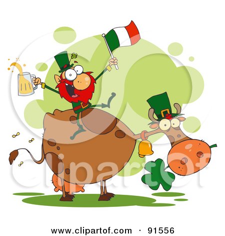 Royalty-Free (RF) Clipart Illustration of a Leprechaun Holding Up A Flag And Beer And Sitting On A Cow by Hit Toon