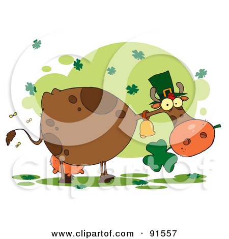 Royalty-Free (RF) Clipart Illustration of a St Patricks Day Cow Under Clovers, Wearing A Hat And Chewing On A Shamrock by Hit Toon