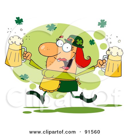 Royalty-Free (RF) Clipart Illustration of a Female Leprechaun Running Through Shamrocks With Beers by Hit Toon