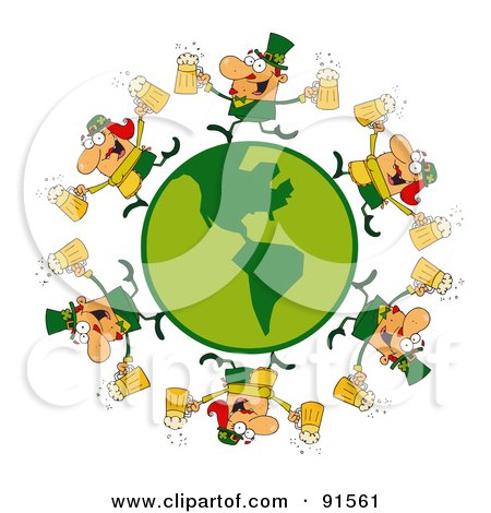 Royalty-Free (RF) Clipart Illustration of a Circle Of Male And Female Leprechauns Running Around A Globe With Beer by Hit Toon