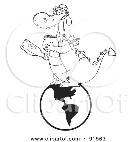 Royalty-Free (RF) Clipart Illustration of an Outlined Dragon Leprechaun On A Globe, Holding A Mace And Pot Of Gold by Hit Toon