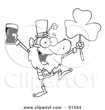 Royalty-Free (RF) Clipart Illustration of an Outlined Dancing Leprechaun Holding A Clover And Beer by Hit Toon