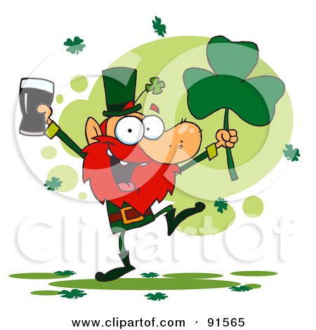 Royalty-Free (RF) Clipart Illustration of a Dancing Leprechaun Holding A Shamrock And Beer by Hit Toon