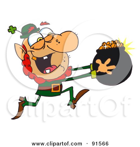 Royalty-Free (RF) Clipart Illustration of a Greedy Leprechaun Running With A Pot Of Golden Coins by Hit Toon