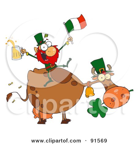 Royalty-Free (RF) Clipart Illustration of a Leprechaun Sitting On A Cow With Beer And A Flag by Hit Toon