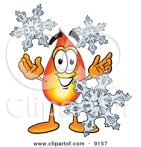 Clipart Picture of a Flame Mascot Cartoon Character With Three Snowflakes in Winter by Mascot Junction