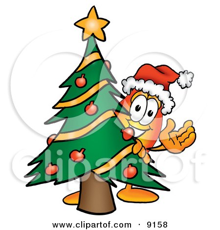 Clipart Picture of a Flame Mascot Cartoon Character Waving and Standing by a Decorated Christmas Tree by Mascot Junction
