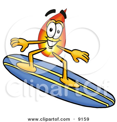 Clipart Picture of a Flame Mascot Cartoon Character Surfing on a Blue and Yellow Surfboard by Mascot Junction