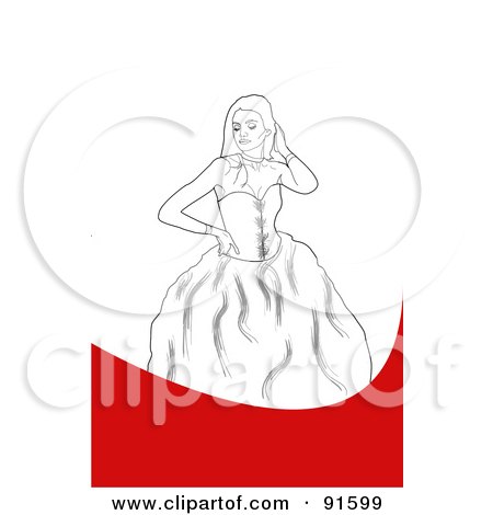 Royalty-Free (RF) Clipart Illustration of a Sketched Prom Girl Posing In A Dress, On A Red And White Background by Arena Creative
