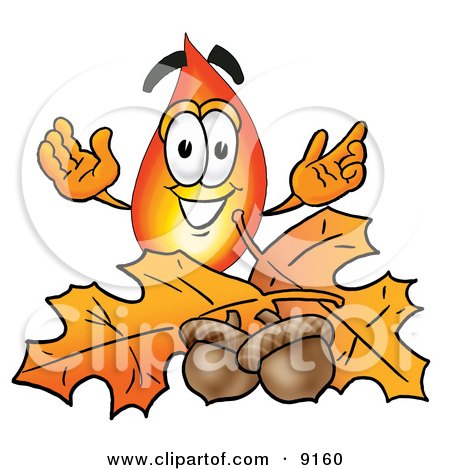 Clipart Picture of a Flame Mascot Cartoon Character With Autumn Leaves and Acorns in the Fall by Mascot Junction