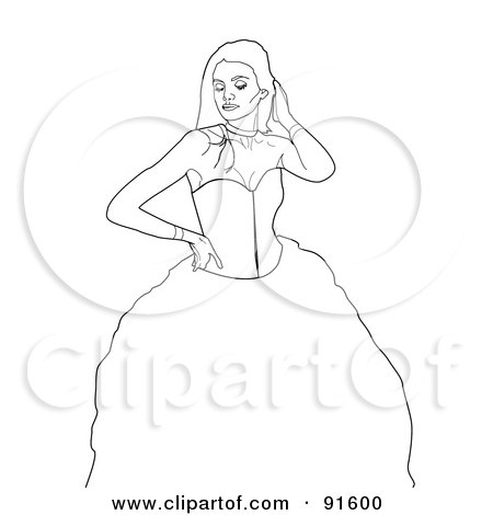 Royalty-Free (RF) Clipart Illustration of a Sketched Black And White Prom Girl Posing In A Dress by Arena Creative