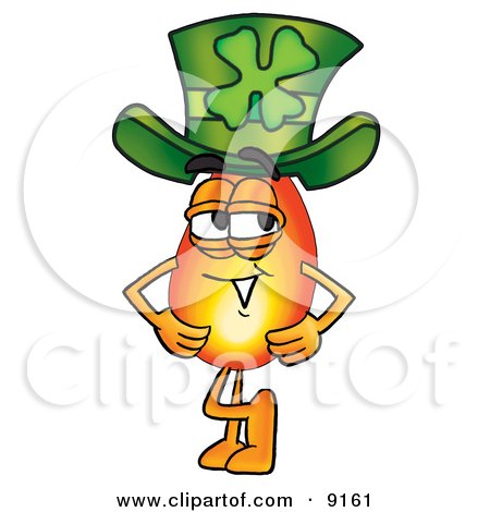 Clipart Picture of a Flame Mascot Cartoon Character Wearing a Saint Patricks Day Hat With a Clover on it by Mascot Junction