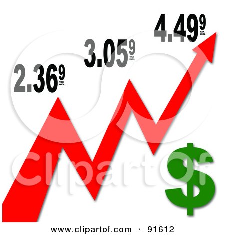 Royalty-Free (RF) Clipart Illustration of a Red Arrow And Dollar Symbol With An Increase In Gas Prices by Arena Creative