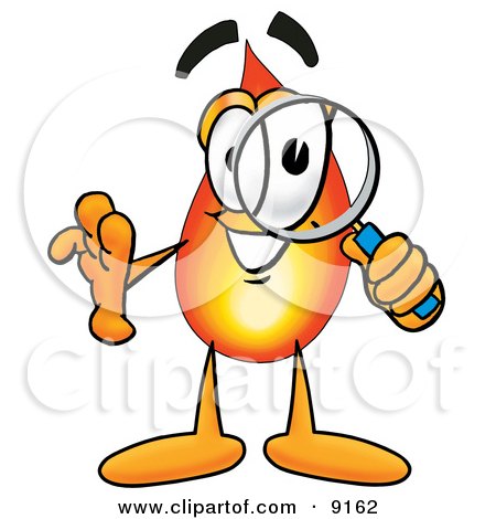 Clipart Picture of a Flame Mascot Cartoon Character Looking Through a Magnifying Glass by Mascot Junction