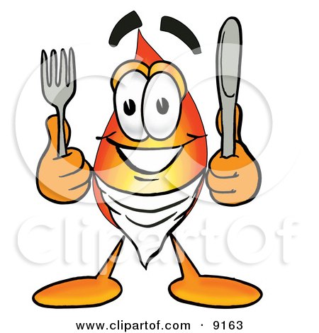 Clipart Picture of a Flame Mascot Cartoon Character Holding a Knife and Fork by Mascot Junction