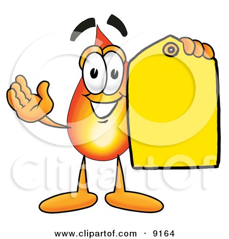 Clipart Picture of a Flame Mascot Cartoon Character Holding a Yellow Sales Price Tag by Mascot Junction