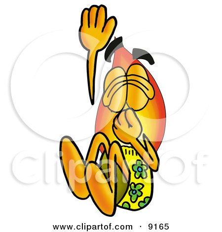 Clipart Picture of a Flame Mascot Cartoon Character Plugging His Nose While Jumping Into Water by Mascot Junction