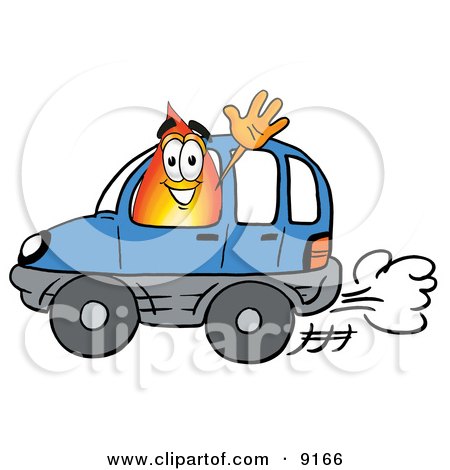 Clipart Picture of a Flame Mascot Cartoon Character Driving a Blue Car and Waving by Mascot Junction