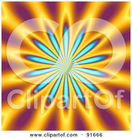 Royalty-Free (RF) Clipart Illustration of a Blue Floral Burst Over Purple And Orange by Arena Creative