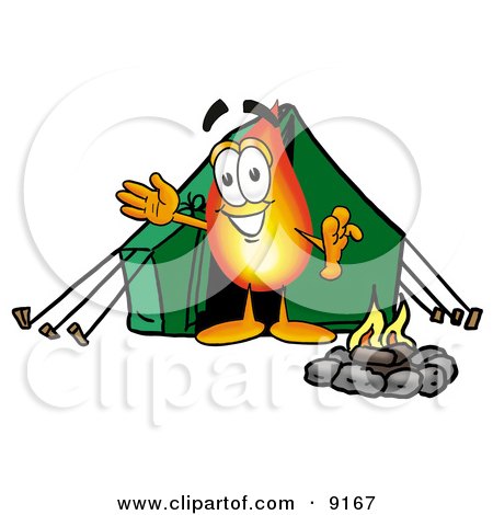 Clipart Picture of a Flame Mascot Cartoon Character Camping With a Tent and Fire by Mascot Junction