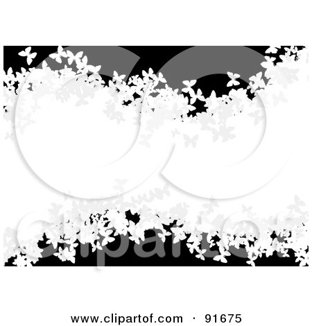 Royalty-Free (RF) Clipart Illustration of a White Wave Of Butterflies Over Black by Arena Creative