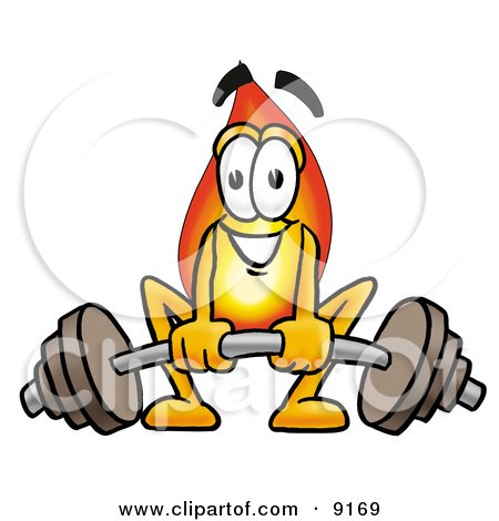 Clipart Picture of a Flame Mascot Cartoon Character Lifting a Heavy Barbell by Mascot Junction