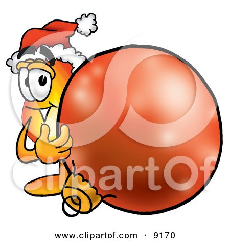Clipart Picture of a Flame Mascot Cartoon Character Wearing a Santa Hat, Standing With a Christmas Bauble by Mascot Junction