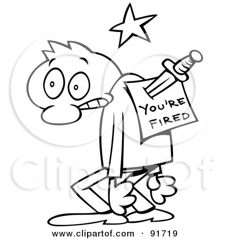 Royalty-Free (RF) Clipart Illustration of an Outlined Toon Guy With A You're Fired Notice Stabbed In His Back by gnurf