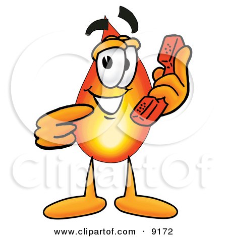 Clipart Picture of a Flame Mascot Cartoon Character Holding a Telephone by Mascot Junction