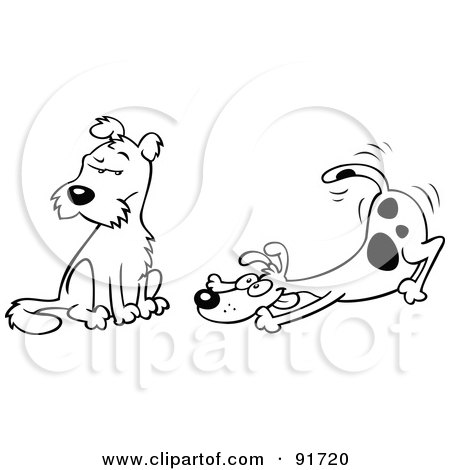 Royalty-Free (RF) Clipart Illustration of an Outlined Dog Wagging His Tail And Trying To Get A Friend To Play by gnurf