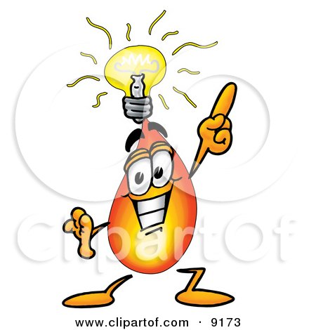 Clipart Picture of a Flame Mascot Cartoon Character With a Bright Idea by Mascot Junction