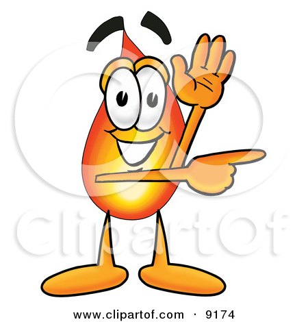 Clipart Picture of a Flame Mascot Cartoon Character Waving and Pointing by Mascot Junction