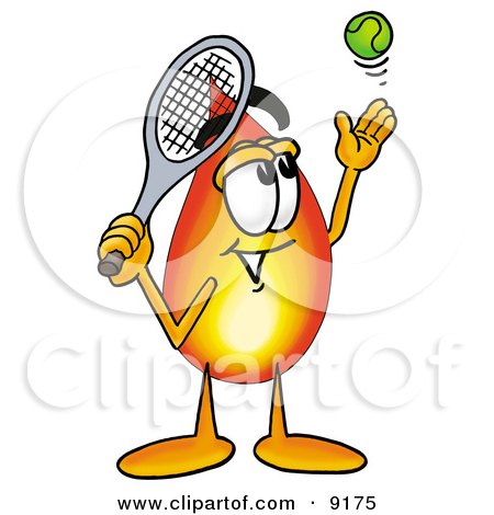 Clipart Picture of a Flame Mascot Cartoon Character Preparing to Hit a Tennis Ball by Mascot Junction