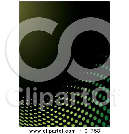 Royalty-Free (RF) Clipart Illustration of a Curve Of Green Halftone Dots On Black by michaeltravers