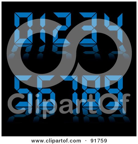 Royalty-Free (RF) Clipart Illustration of a Collage Of Blue Digital Clock Numbers On Black by michaeltravers
