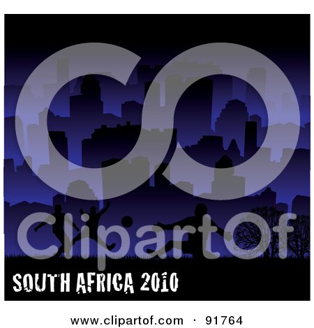 Royalty-Free (RF) Clipart Illustration of Silhouetted People Playing Soccer On A Dark Black And Blue South Africa 2010 Background by michaeltravers
