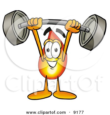 Clipart Picture of a Flame Mascot Cartoon Character Holding a Heavy Barbell Above His Head by Mascot Junction